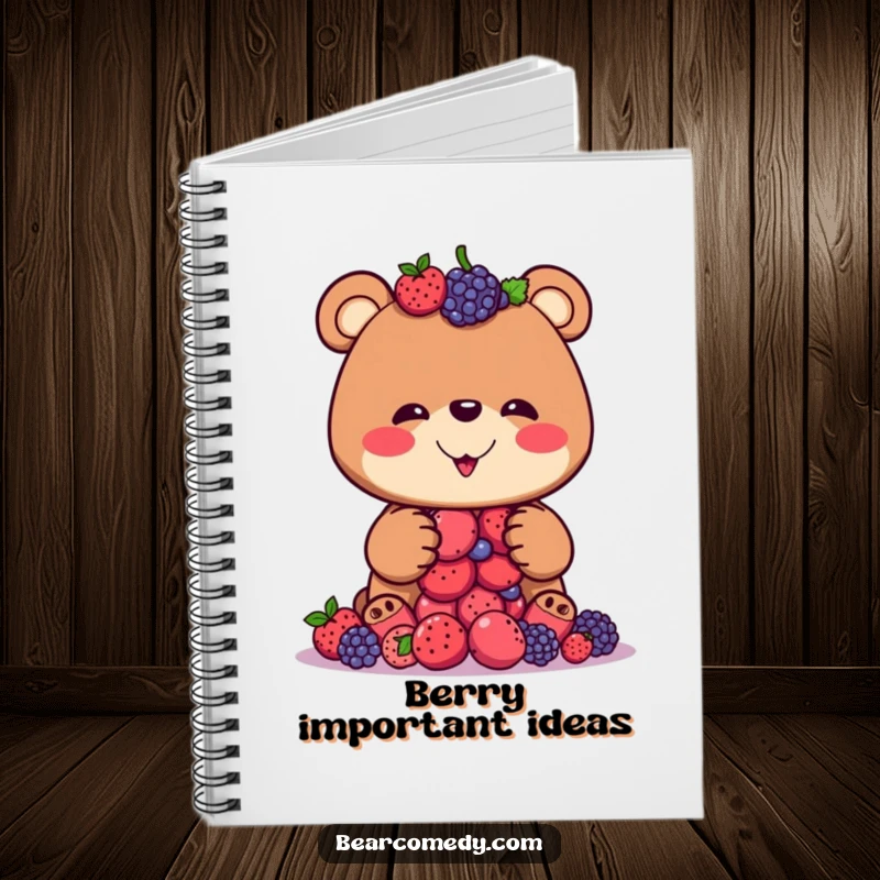 Funny notebook cover featuring a bear with a silly grin trying to balance a stack of berries, perfect for jotting down funny ideas.