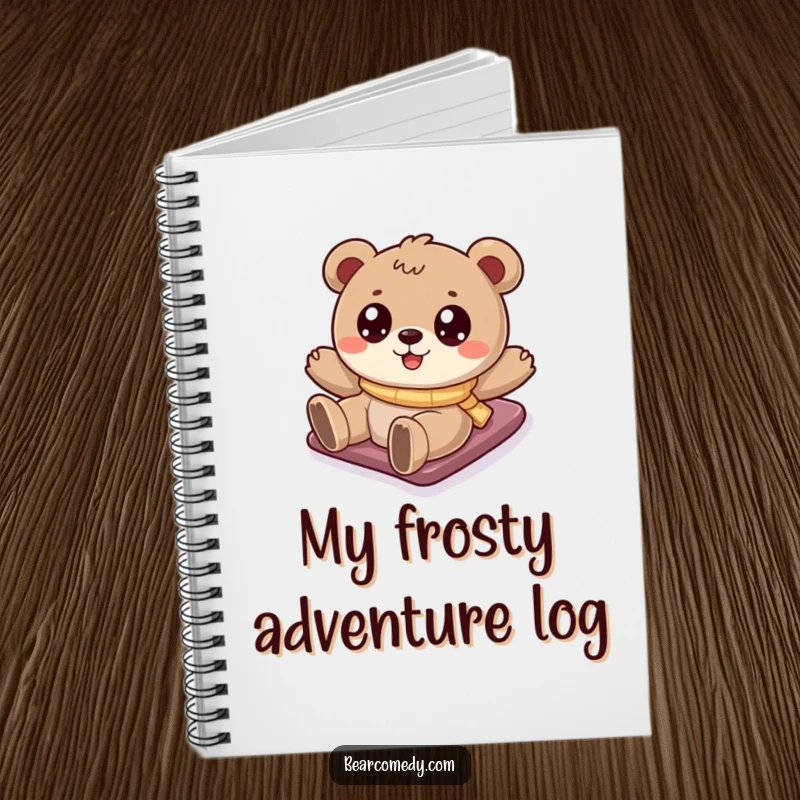 Funny bear notebook featuring a cartoony bear with sparkling eyes sliding down a snowy hill, perfect for jotting down ideas.