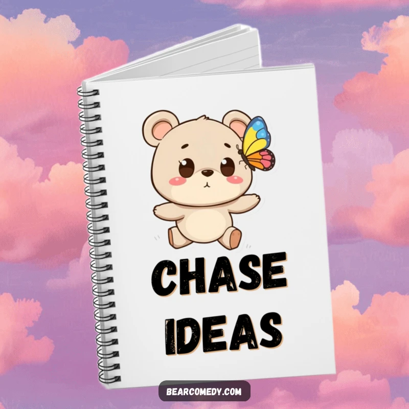 Funny notebook showcasing a bear character with wide eyes chasing a butterfly, perfect for jotting down notes with whimsical flair.