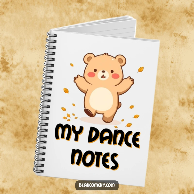 Funny notebook cover showing a bear character in a happy lumbering dance, surrounded by small leaves, ideal for note-taking.