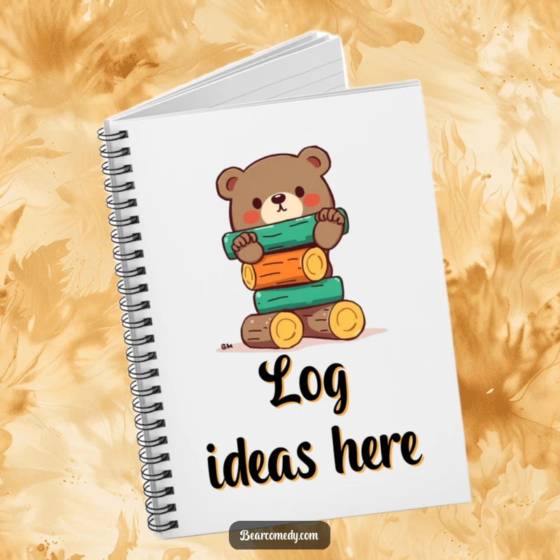 Funny bear notebook cover featuring a bear comically trying to balance a stack of colorful logs, great for notes and funny gift.