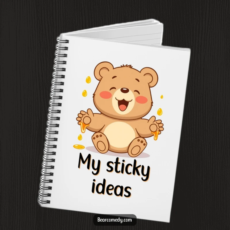 Funny notebook showing a bear with outstretched paws, joyfully catching falling honey droplets, perfect for sweet notes.