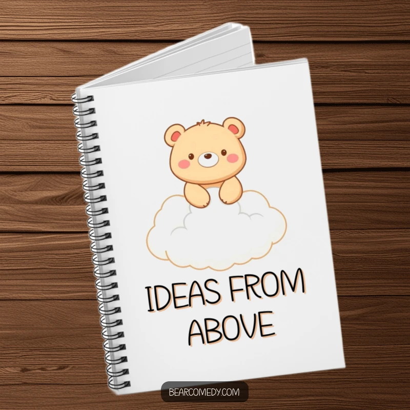 Funny notebook cover: A smiling bear rides a white fluffy cloud, perfect for capturing imaginative and funny ideas.