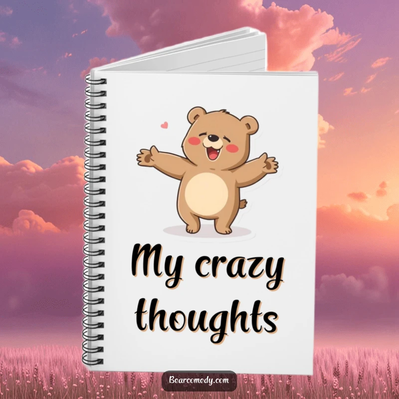 Funny notebook cover with a bear character doing a clumsy, happy dance with flailing arms, perfect for jotting down energetic ideas.