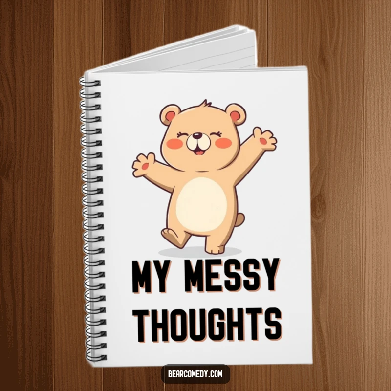Funny notebook cover with a bear character joyfully performing a clumsy and energetic dance, inspiring creative and humorous thoughts.