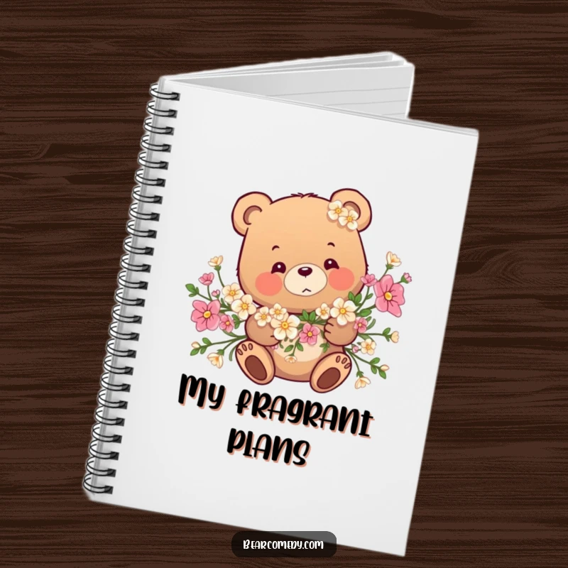 Funny notebook cover: A bear is playfully tangled in a garland of flowers, perfect for jotting down sweet and funny thoughts.