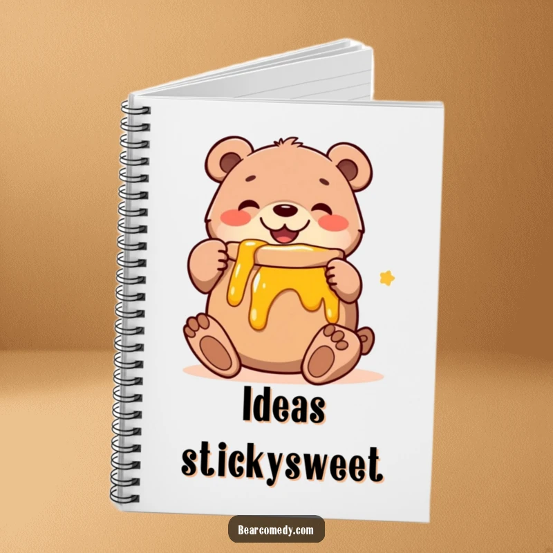 Funny notebook with a cute bear character hugging a giant pot of honey, perfect for capturing sweet thoughts and ideas.