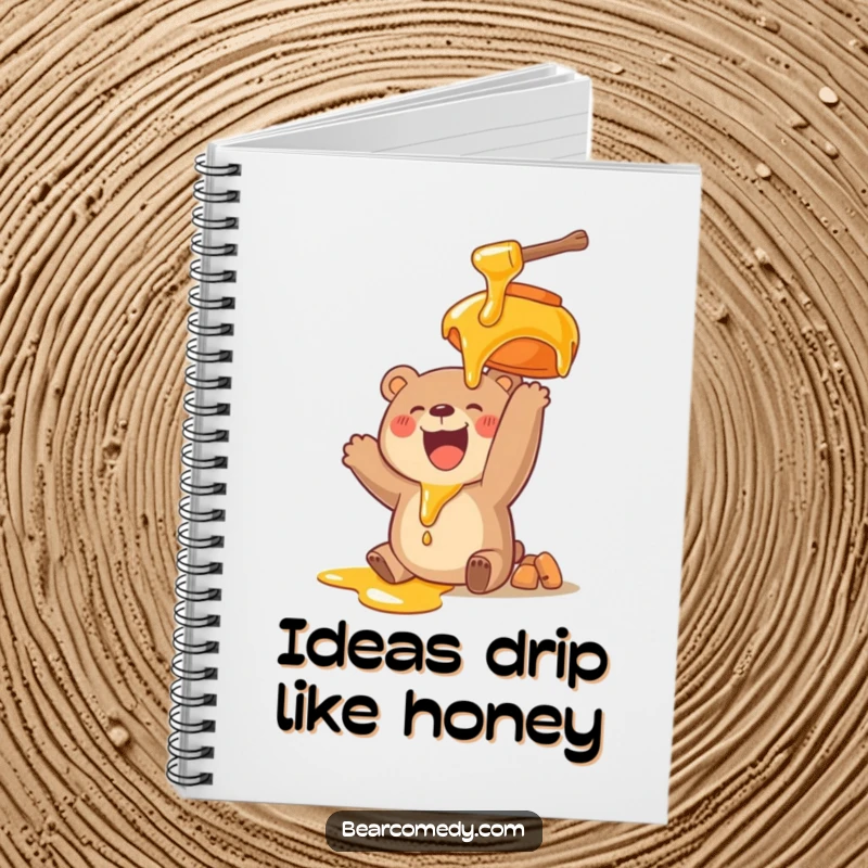 Funny notebook cover with a bear character joyfully reaching for a large, dripping honey pot, perfect for jotting down sweet ideas.