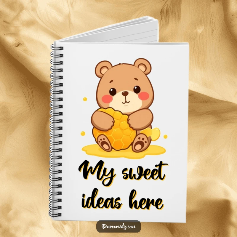 Funny notebook with a round bear character embracing a giant honeycomb, perfect for jotting down sweet ideas with funny flair.