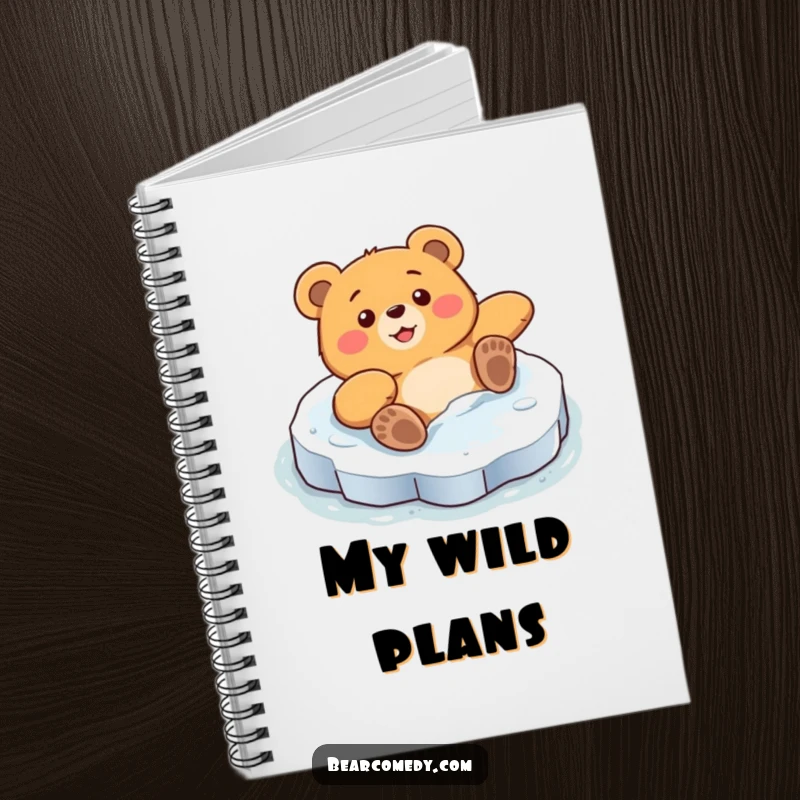 Funny notebook cover with a bear character comically sliding on a slick ice patch with surprised delight, perfect for jotting down funny ideas.