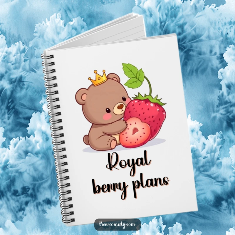 Funny notebook cover featuring a bear with a tiny crown playfully nudging a giant berry.