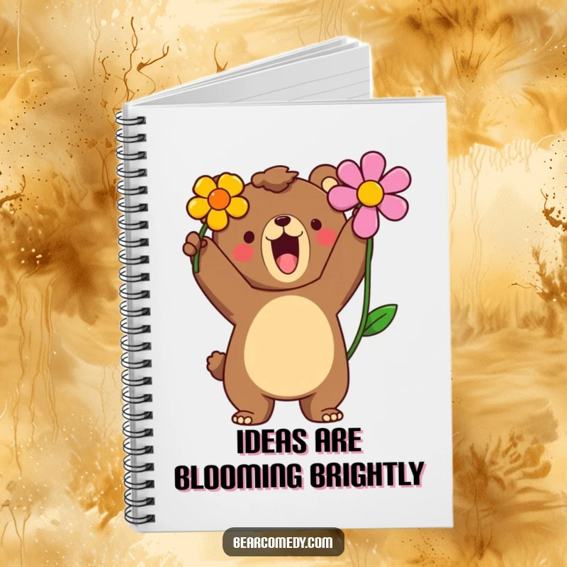 Funny notebook cover showing a bear character proudly roaring and holding a brightly colored flower aloft.