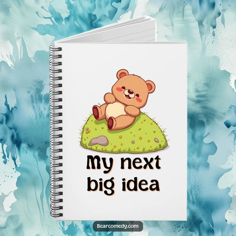 Funny Notebook featuring a bear creature happily rolling down a grassy hill, perfect for capturing thoughts with a humorous and playful touch.
