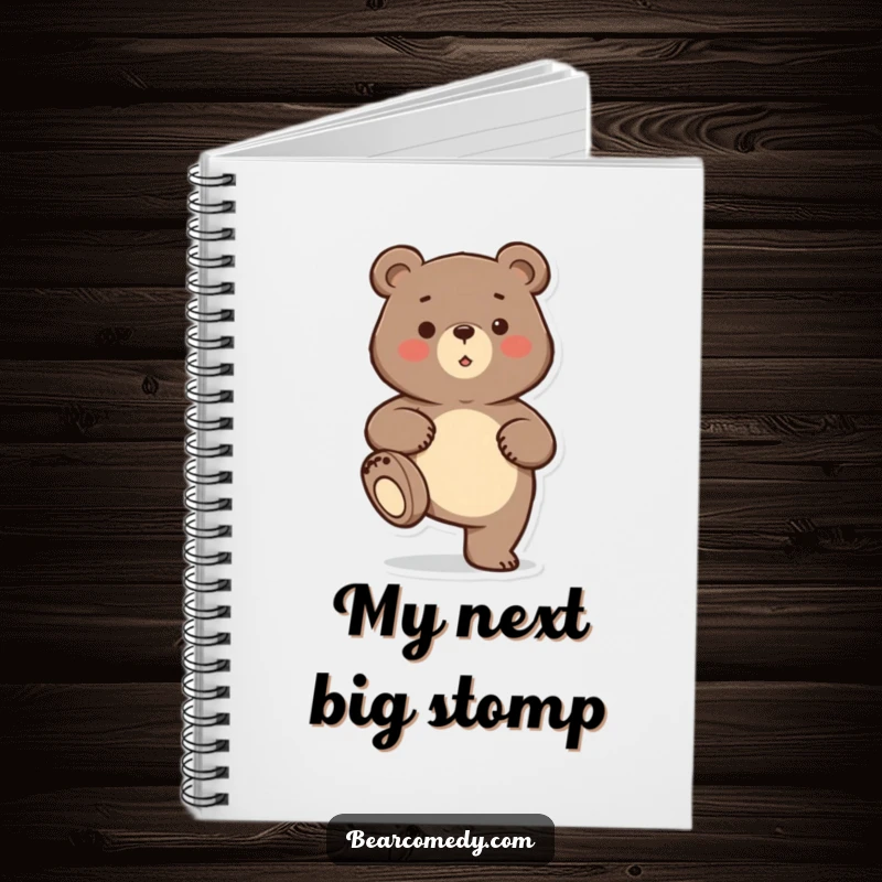 Funny bear character playfully stomping its foot on a notebook cover, perfect for jotting down funny ideas.