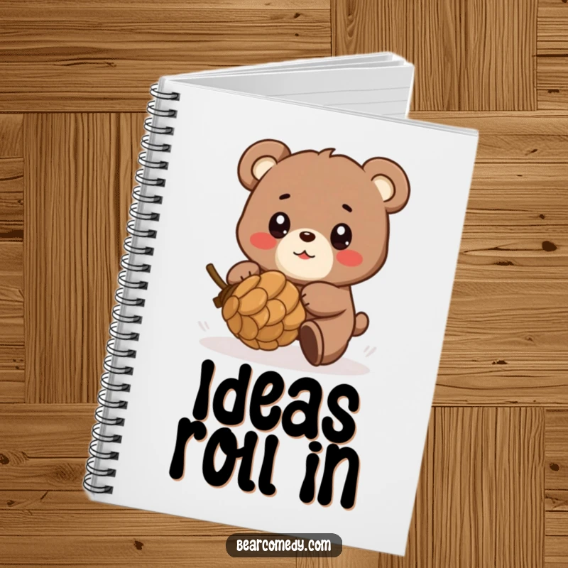Funny notebook cover featuring a bear character playfully chasing a rolling pinecone with eyes shining with glee, inspiring creative writing.