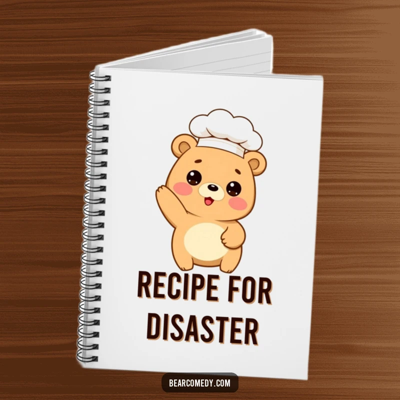 Funny notebook with a cute bear wearing a chef hat, striking a comical baking pose, ideal for recipe writing.