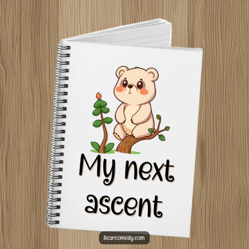Funny determined bear character climbing a small tree on a notebook, for journaling ambitious plans.