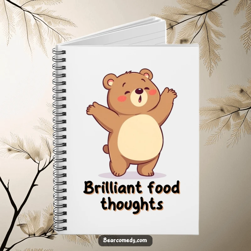 Funny notebook with a bear character having a rumbling tummy, doing a silly, energetic dance, great for food notes.