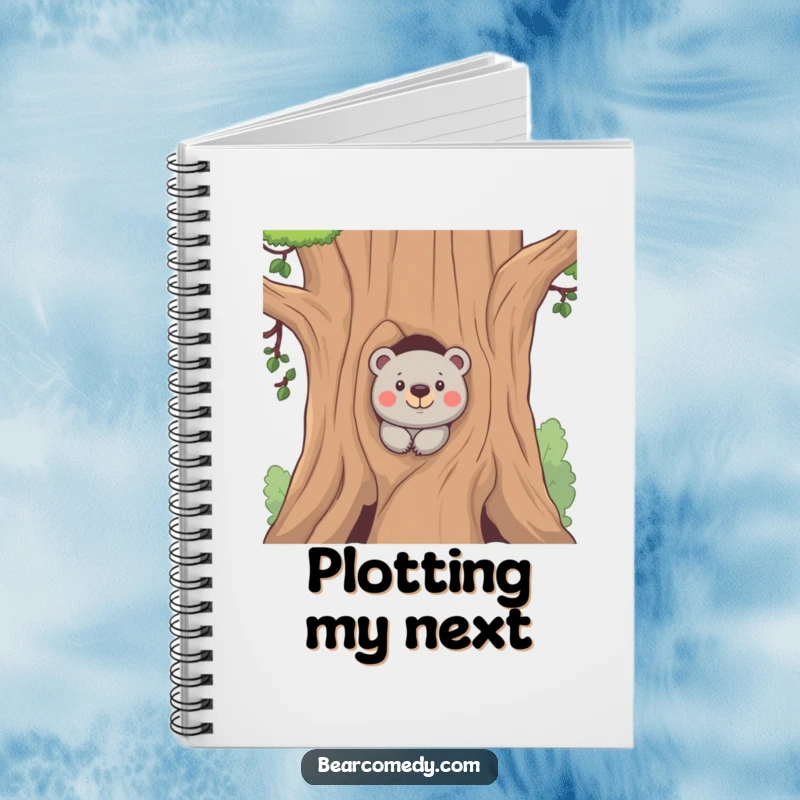 Funny notebook showcasing a bear peeking from behind a tree with a mischievous look, perfect for jotting down notes with playful flair.