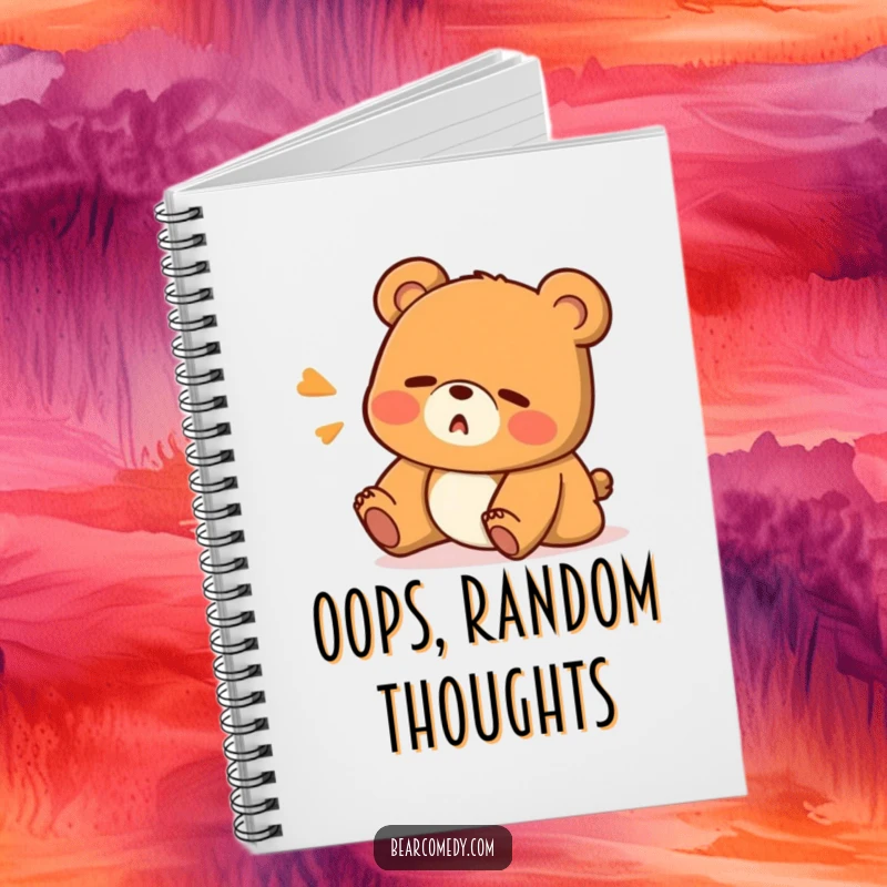 Funny notebook adorned with a bear character stumbling with a surprised 'Oops!' expression, perfect for jotting down notes with humor.