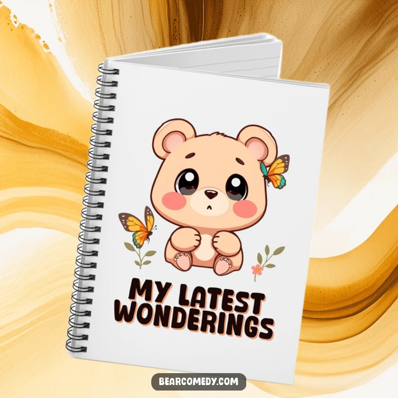 Funny bear character with wide, wondering eyes watching a butterfly on a notebook, for capturing whimsical ideas.