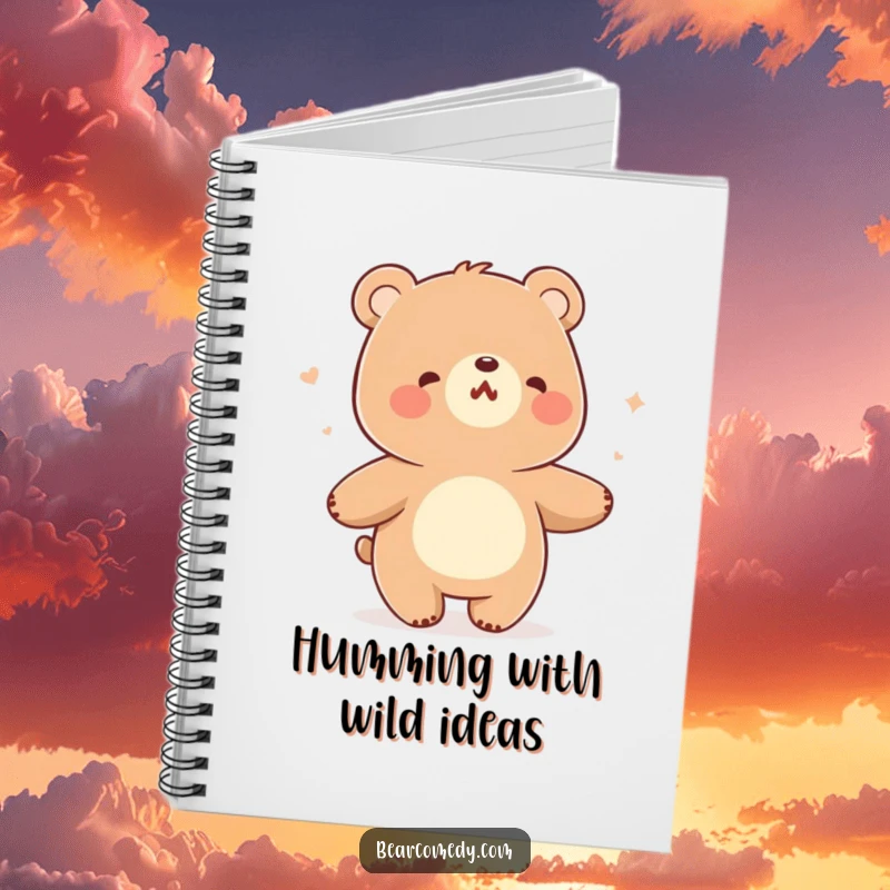 Funny notebook cover illustration of a bear character humming and swaying happily while dancing in a gentle breeze.
