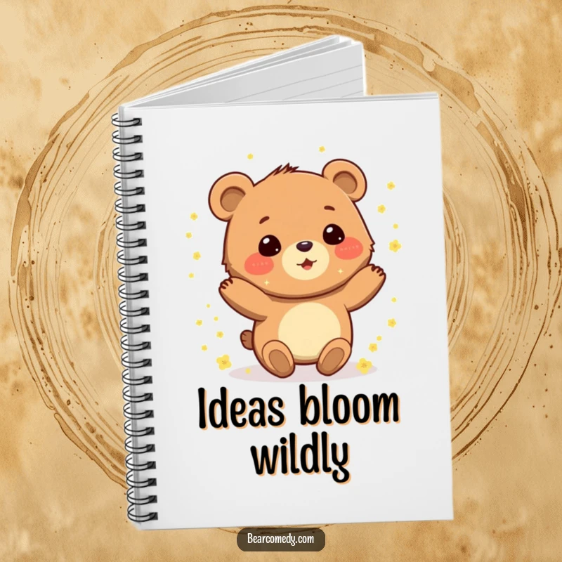 Funny notebook with a gleeful bear character spinning with delight, covered in sparkling pollen, ready for notes.