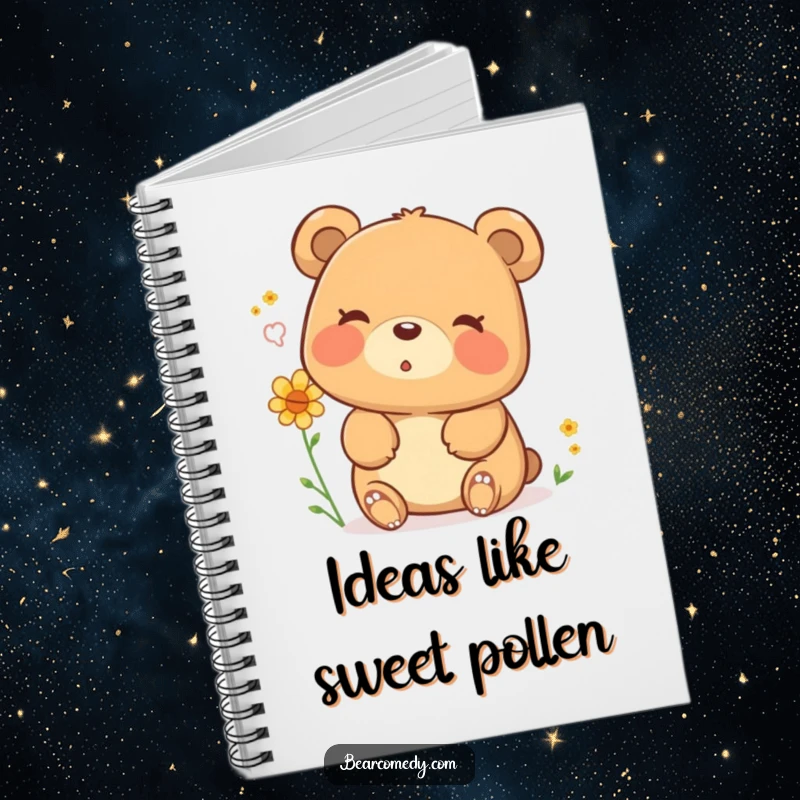 Funny notebook cover with a happy bear character exhaling pollen with a sigh, inspiring creative writing and note-taking with humor.