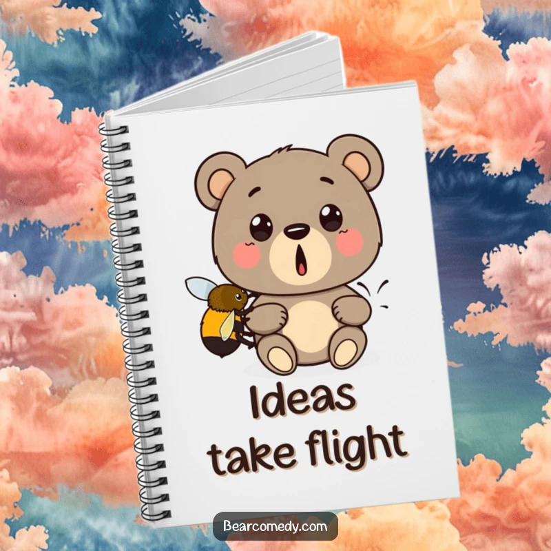 Funny notebook cover: A wide-eyed bear is being lifted by a bumblebee, a comical scene for jotting down funny notes.