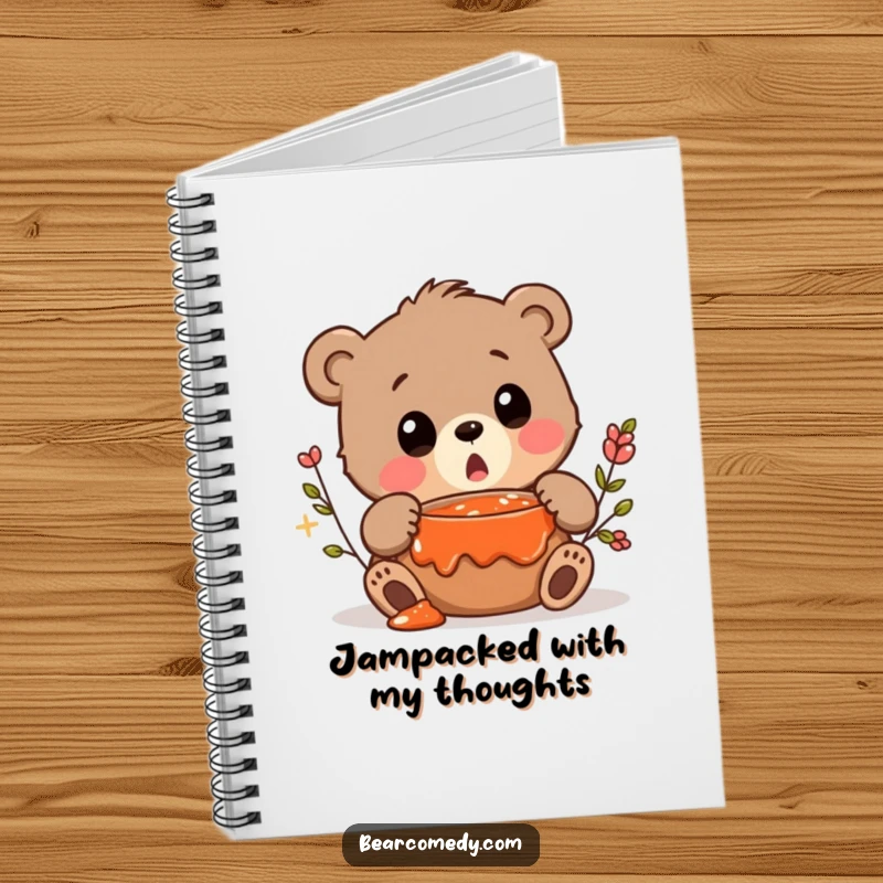 Funny notebook cover showing a bear character squeaking in surprise upon finding a hidden pot of jam.