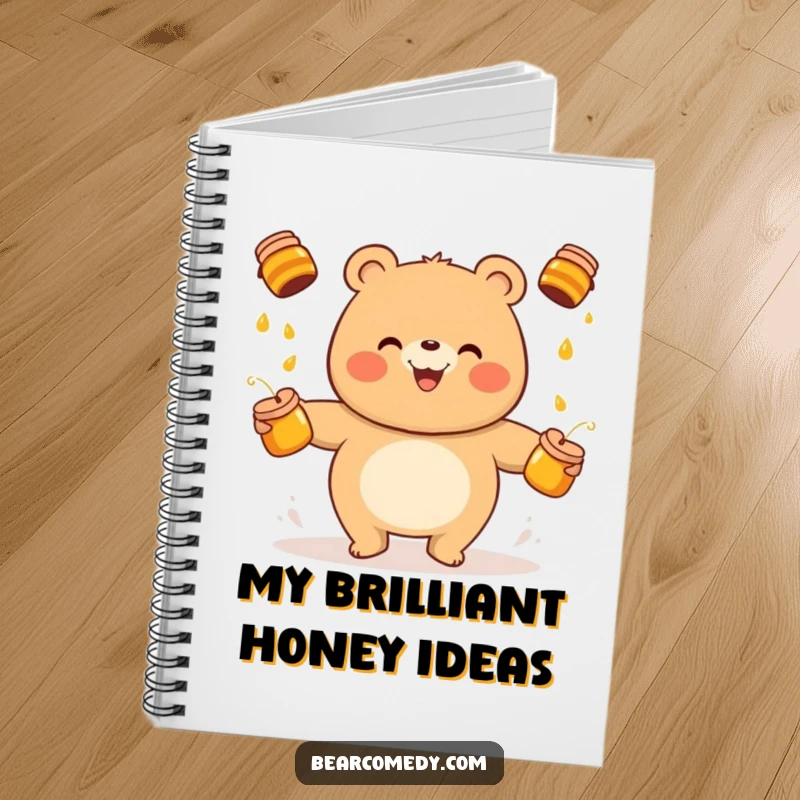 Funny bear notebook featuring a cheerful character juggling honey pots, ideal for capturing notes with a dose of sweet humor.