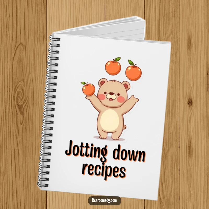 Funny bear notebook cover with a bear playfully juggling three round, juicy apples, great for notes and as a funny gift.