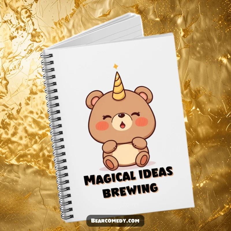 Funny bear notebook cover featuring a bear character with rosy cheeks, about to blow a magical, glowing horn with hopeful eyes.