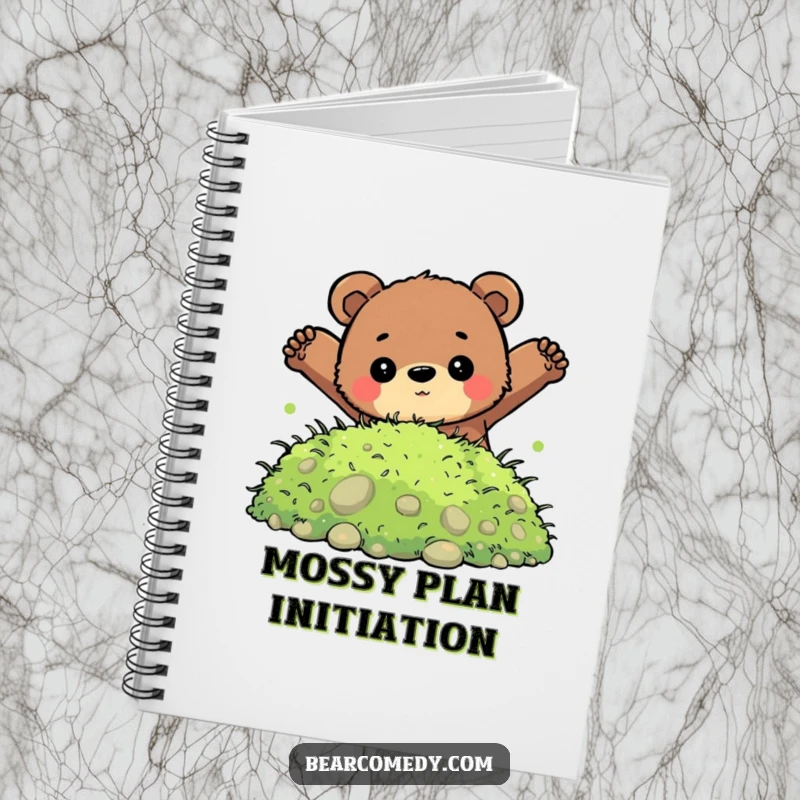 Funny notebook cover featuring a bear with a determined look jumping into a pile of soft moss, perfect for bold ideas.