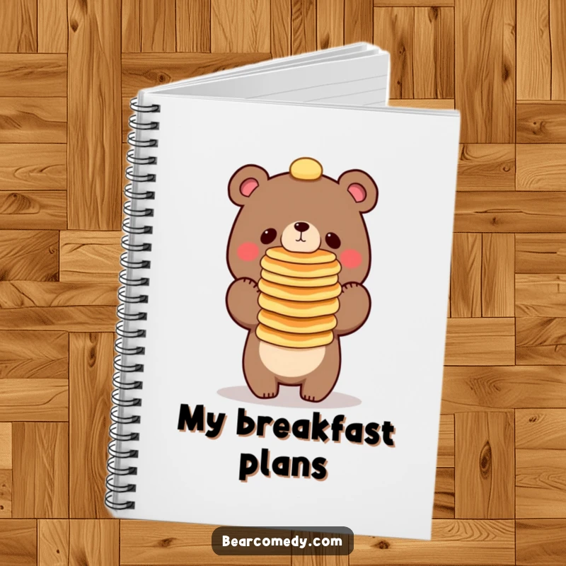 Funny bear character balancing a tall stack of pancakes on its nose, a notebook for jotting down ideas.