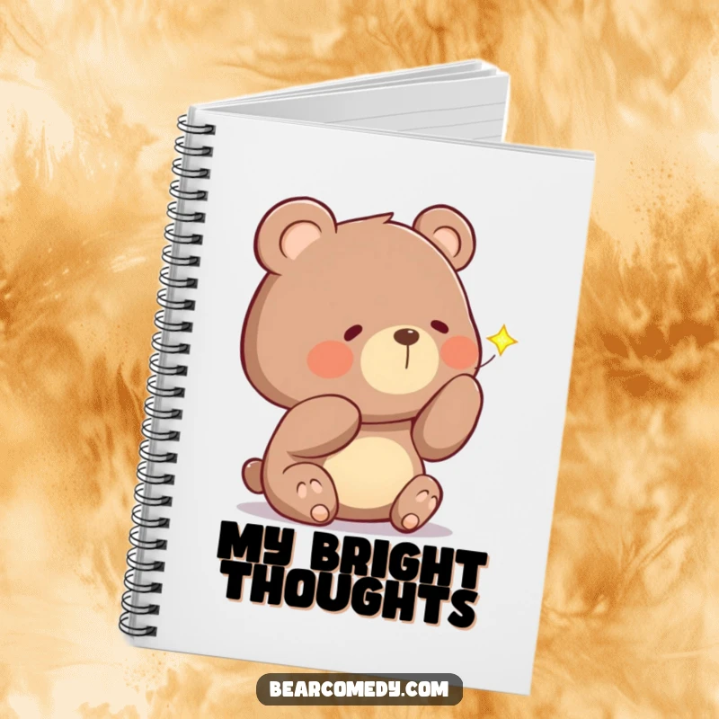 Funny notebook with a curious bear character, head tilted, examining a sparkling firefly, for jotting down curious thoughts.
