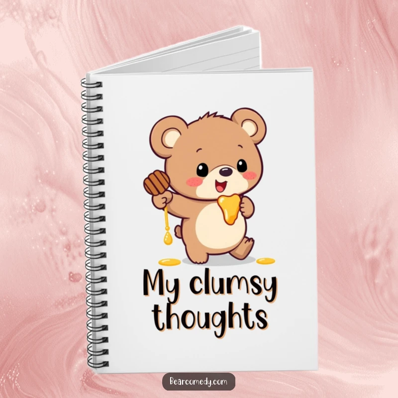 Funny notebook cover featuring a bear with huge ears comically tripping and spilling honey, ready for your notes.