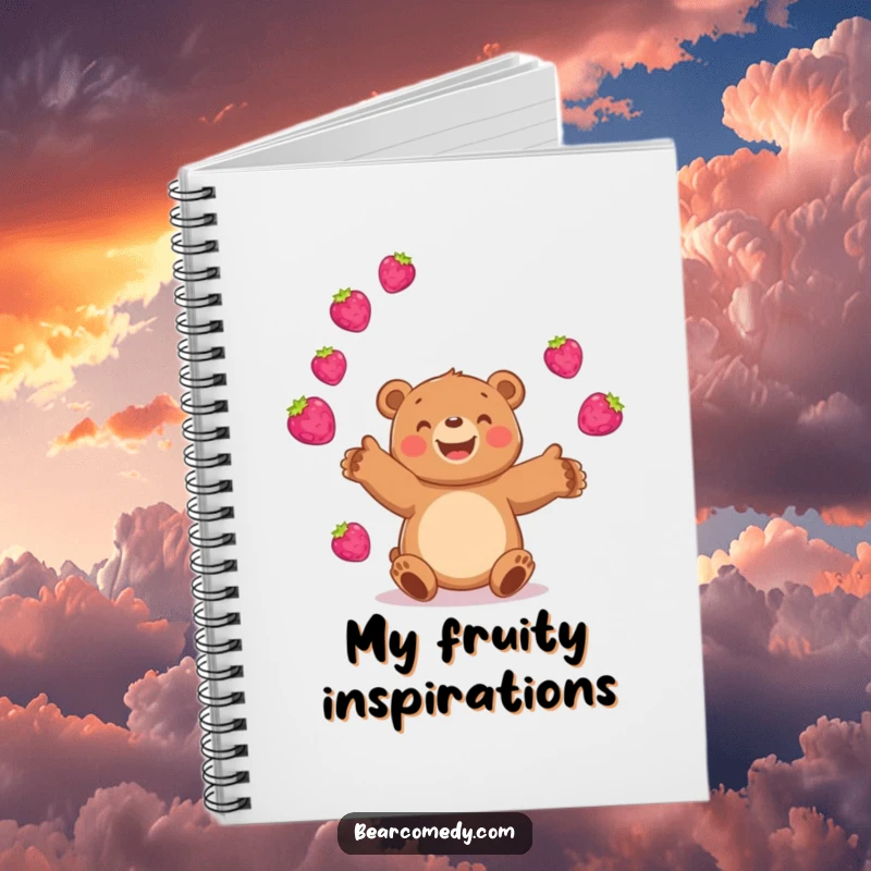 Funny bear notebook featuring a happy bear juggling bright, bouncing berries, ideal for note-taking with a burst of fruity fun.