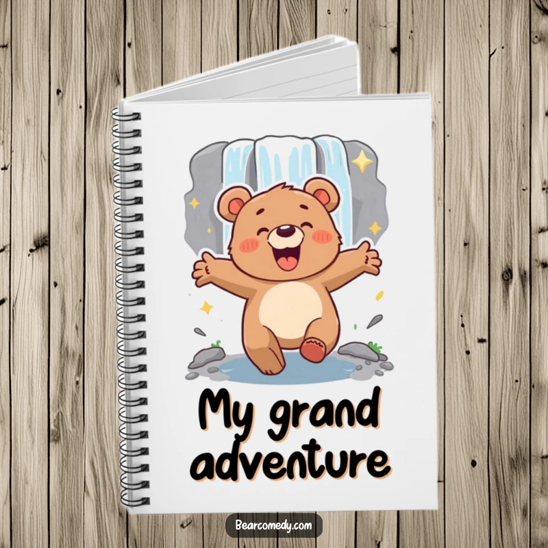 Funny energetic bear with arms outstretched, lumbering excitedly towards a sparkling waterfall, a notebook for planning adventures.