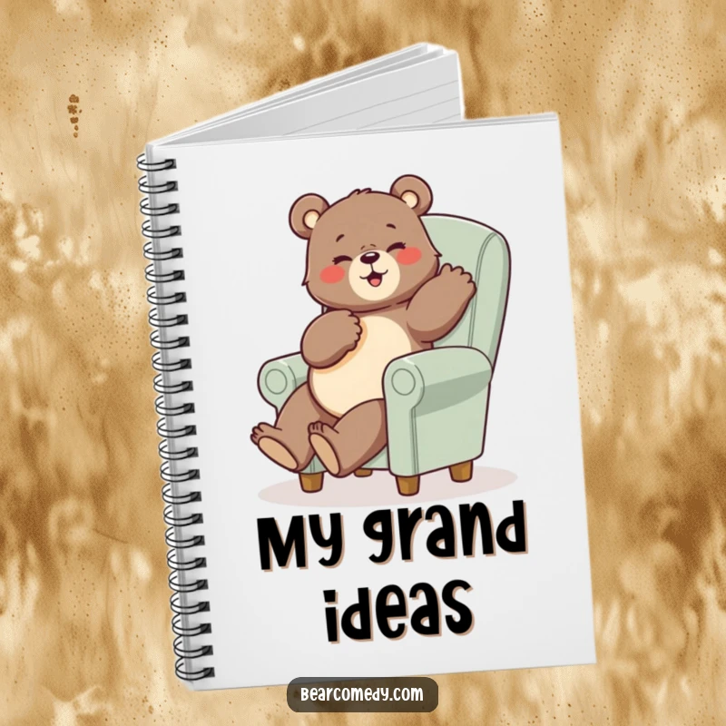 Funny bear notebook cover featuring a bear in a funny pose sitting on a tiny, oversized chair, great for notes.