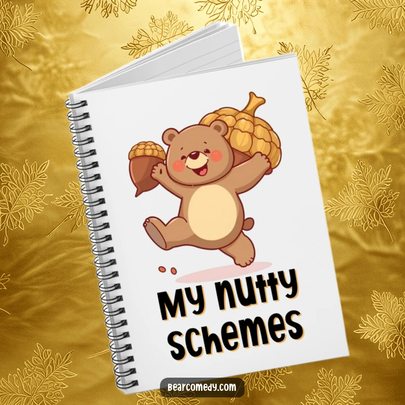 Funny notebook cover: A bear joyfully kicks a large, bouncing acorn, perfect for jotting down high-energy and funny thoughts.