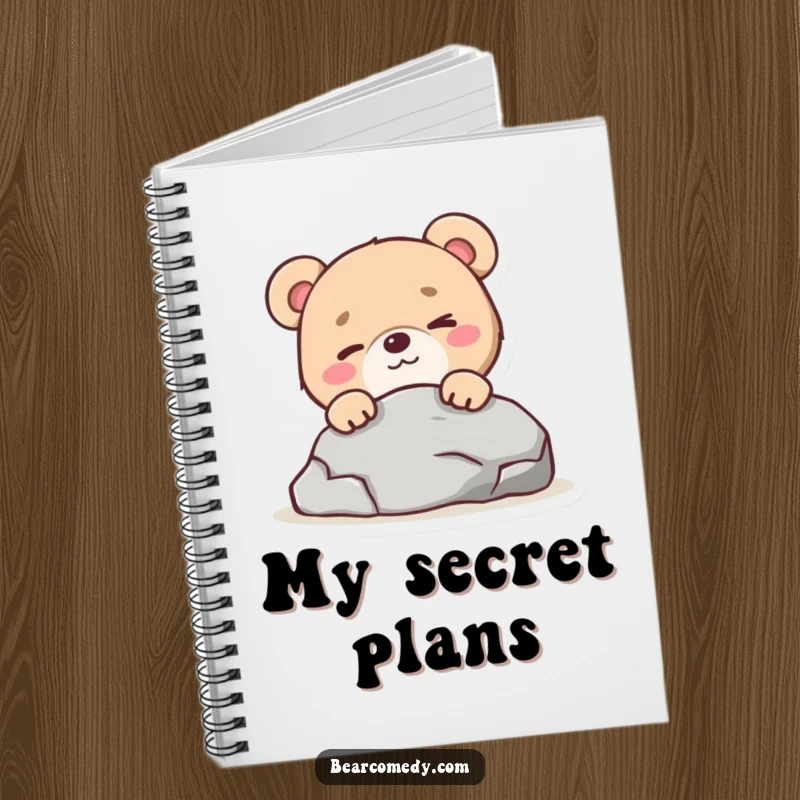 Funny bear character with a mischievous wink peeking from behind a rock on a notebook, for jotting playful ideas.