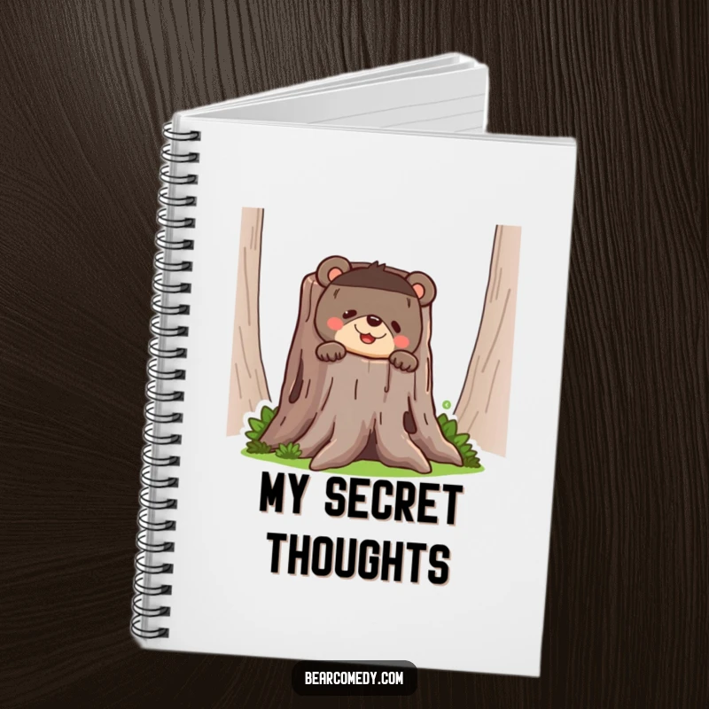 Funny bear notebook cover featuring a bear peeking from a tree stump with a sly, humorous grin, ideal for notes.