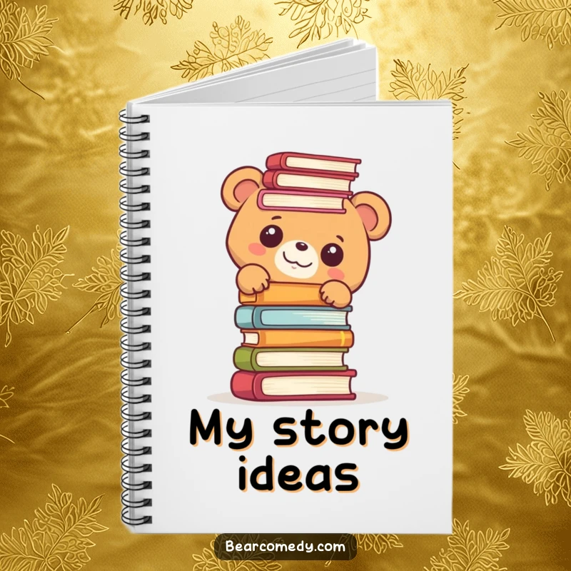 Funny notebook cover showing a bear character peeking with delight from behind a tall stack of books, ideal for story writing.