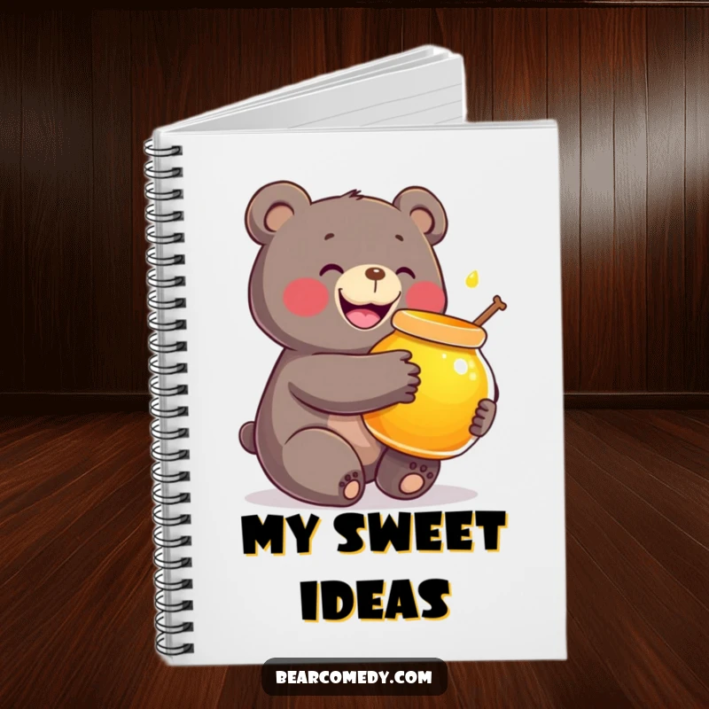 Funny notebook cover showing a bear character ecstatically hugging a giant, luminous honey pot, perfect for capturing ideas.