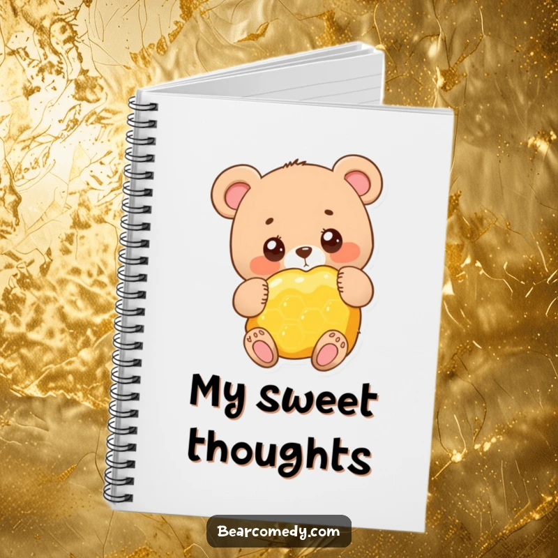 Funny adorable bear character with big round eyes, happily hugging a giant honeycomb, a lined notebook for writing.