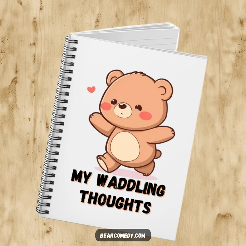 Funny bear character with a delighted waddle ambling along on a notebook, for jotting happy thoughts.