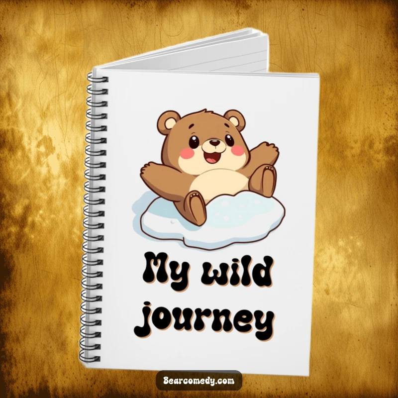 Funny notebook cover with a bear character comically sliding on ice with surprised delight, perfect for jotting down funny thoughts.