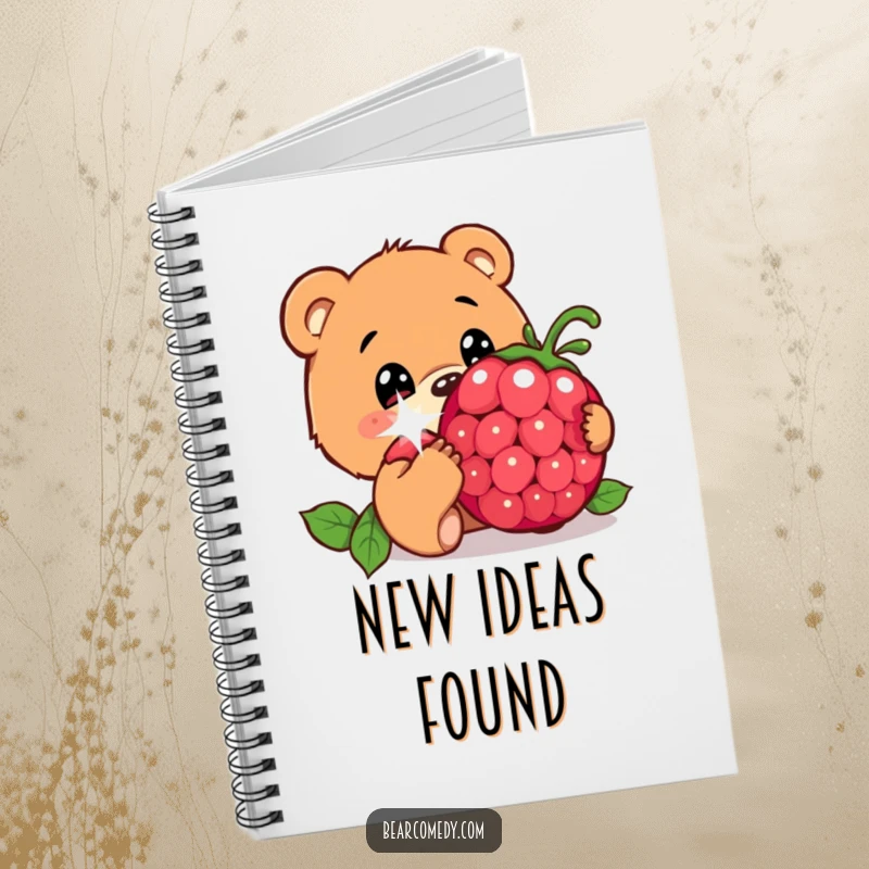 Funny notebook cover with a bear character with innocent eyes curiously sniffing a giant, sparkling berry, perfect for jotting down curious thoughts.