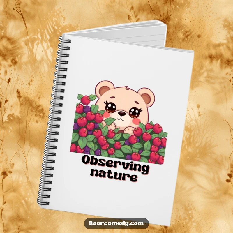 Funny notebook featuring a bear with big, curious eyes peeking from behind a berry bush, great for journaling adventures.